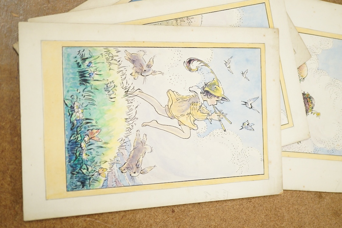 Flora White, Set of six original watercolours for children's postcard designs, to include Fairies and Children, each monogrammed, watercolours on card, unframed, largest 27 x 17cm
